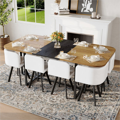 Square Dining Table Set for 8 with Two-Tone MDF Top and 8 Faux Leather Chairs, Black and White, Modern Kitchen Room
