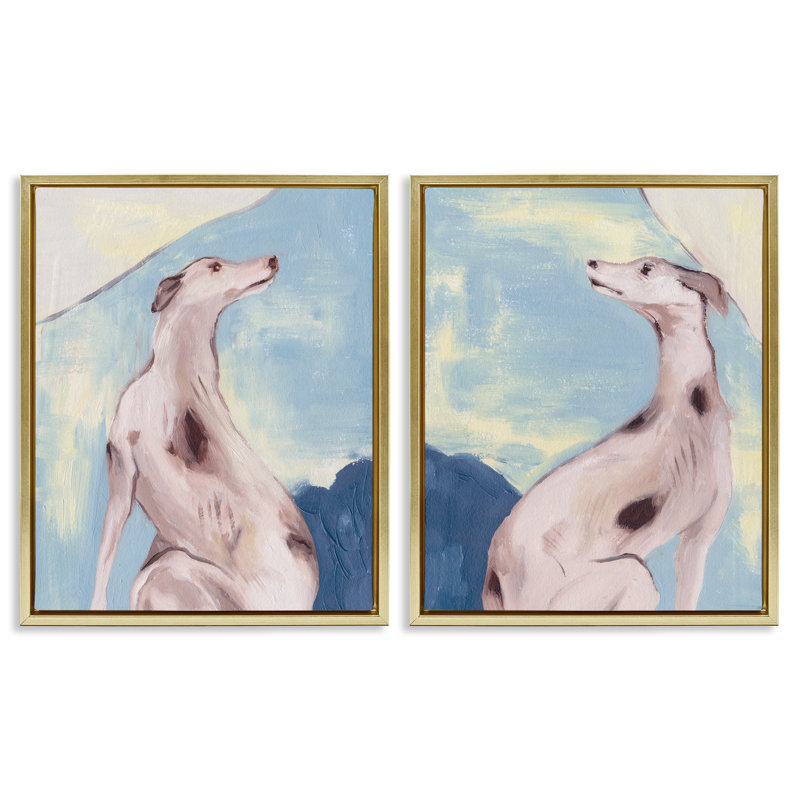 Ensemble de 2 toiles flottantes encadrées "Spots Greyhound Dogs" par Melissa Wang, Cadre flottant métallique doré