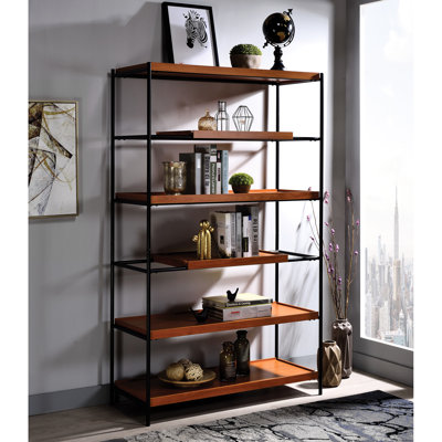 Bibliothèque spacieuse à 6 tablettes en chêne miel et noir pour bibliothèque de pièce d'étude - Home Decor Essential