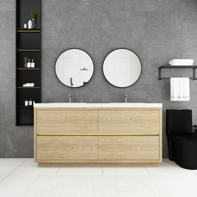 72 po Meuble-lavabo autoportant en frêne avec lavabos doubles, Naturel