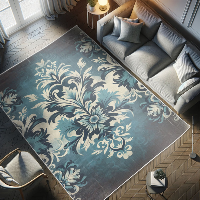 Sea Blue and Dark Purple Damask Synthetic Area Rug