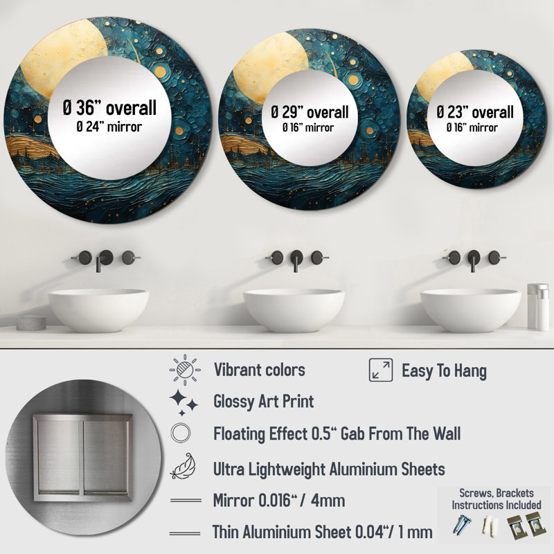 Seto Moon Blue And Gold Cerulean Cycle Dreams V - Moon Mirror, Space Round Unique Wall Mirror, Printed Metal Art, 29" x 29"