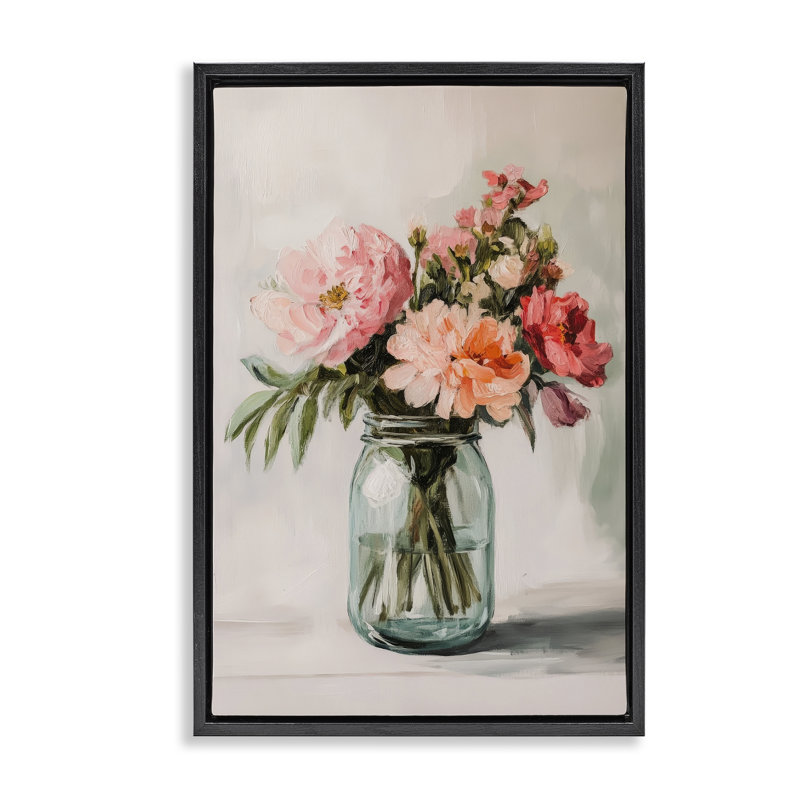 Tiges de fleurs roses dans un cadre flottant en pot, design par Petal Prints Design, 31 x 21, Jet Black Floater Framed