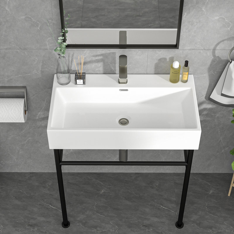 31.5" L x 16.3"W Wallmount Ceramic Sink Rectangular Console Bathroom Sink with Overflow and Bracket Base, White/Matte Black