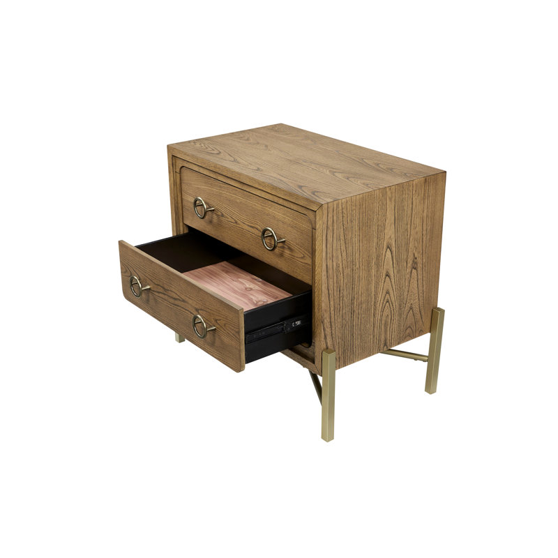Table de chevet 2 tiroirs avec port, finition latte, bois massif, chic, placages