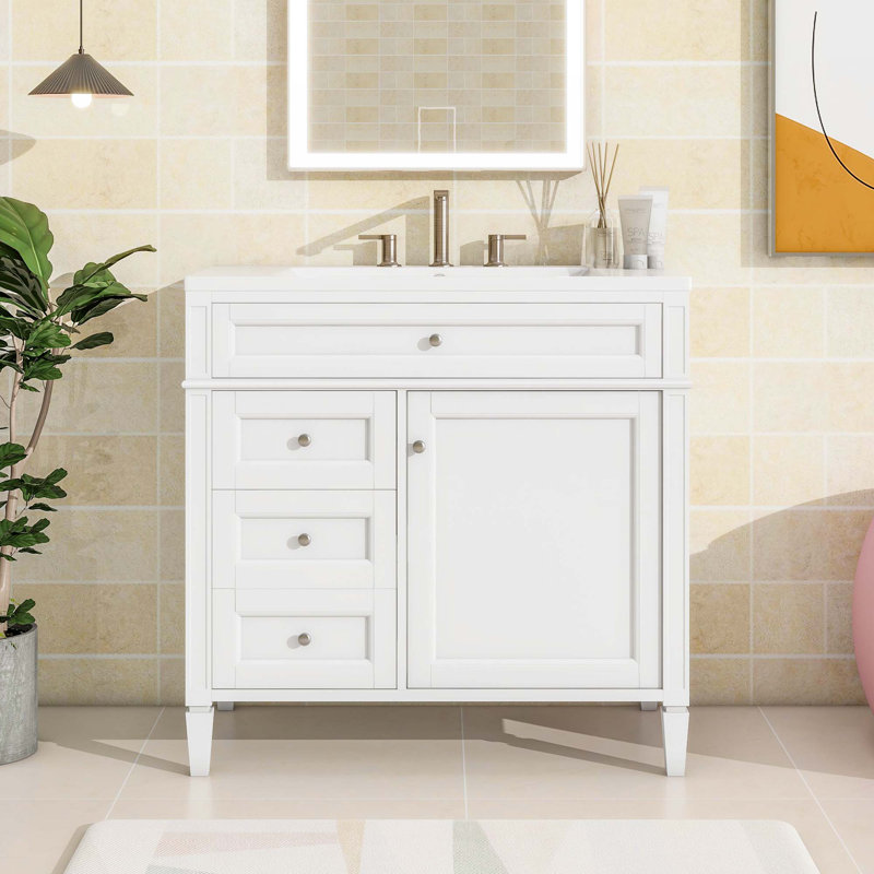 Meuble-lavabo 36 po avec lavabo supérieur, Blanc, Argent argent