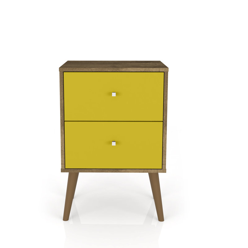 Liberty 18" W Mid-Century Modern 2-Drawer Nightstand in Rustic Brown and Yellow, Rustic Brown/Yellow