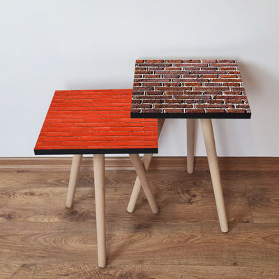 Ensemble de 2 tables gigognes modernes, rouge et brun, 13,8 po x 18,5 po x 13,8 po et 13,8 po x 16,5 po x 13,8 po | 100% panneau de fibres à densité moyenne avec pieds en bois de hêtre, épaisseur: 0,7 po | Design industriel élégant, parfait pour le salon et le bureau