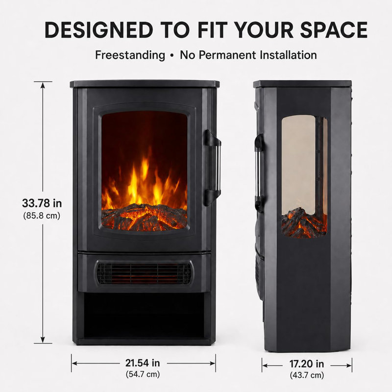Foyer électrique à 3 côtés avec double puissance de chauffe (750 W/1500 W), flamme DEL multicolore et télécommande