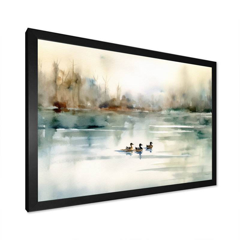 «Ducks in Pond I» - Art mural sur toile, H 30 po x l 40 po, Noir, Impression encadrée