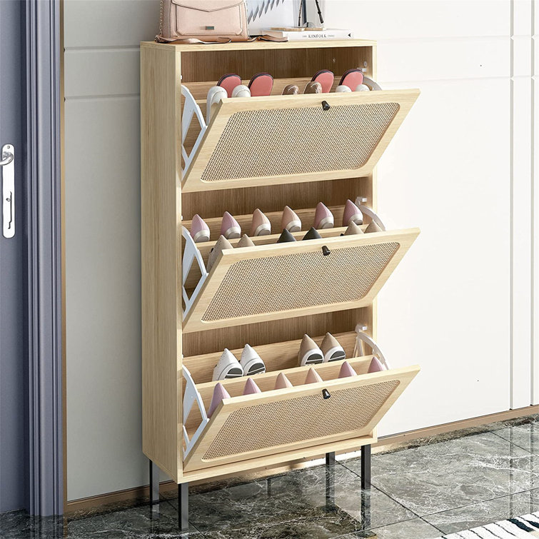 Bayou Breeze Rattan Shoe Cabinet with 4 Flip Drawers & 1 Mirror Storage  Cabinet, Shoe Storage Cabinet