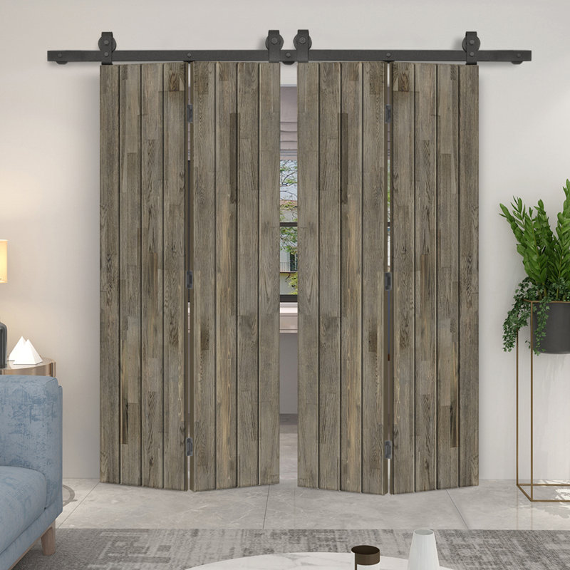 Stained Pine Wood Bi-Fold Double Barn Door with Sliding Hardware Kit, Weather Grey, 56" x 80"