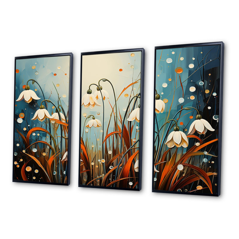 «Mountain Snowdrops Charm In Winter I», ensemble d'art mural sur toile, Cadre flottant noir, H 32 po x l 48 po x P 1 po
