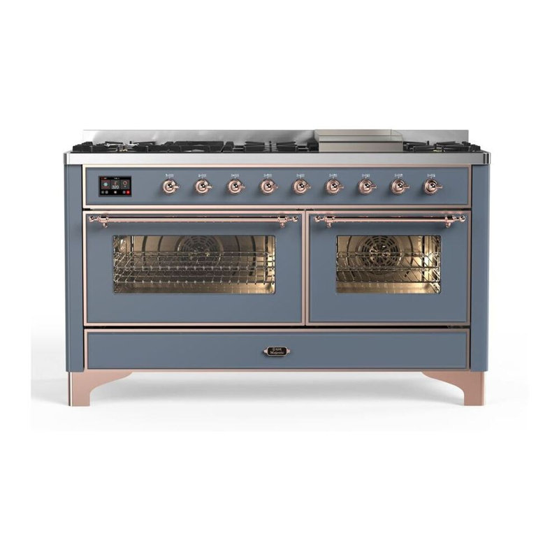 Cuisinière ILVE Majestic II Series 60 pouces à double combustible avec 9 brûleurs, plaque de cuisson (porte en verre, propane liquide)