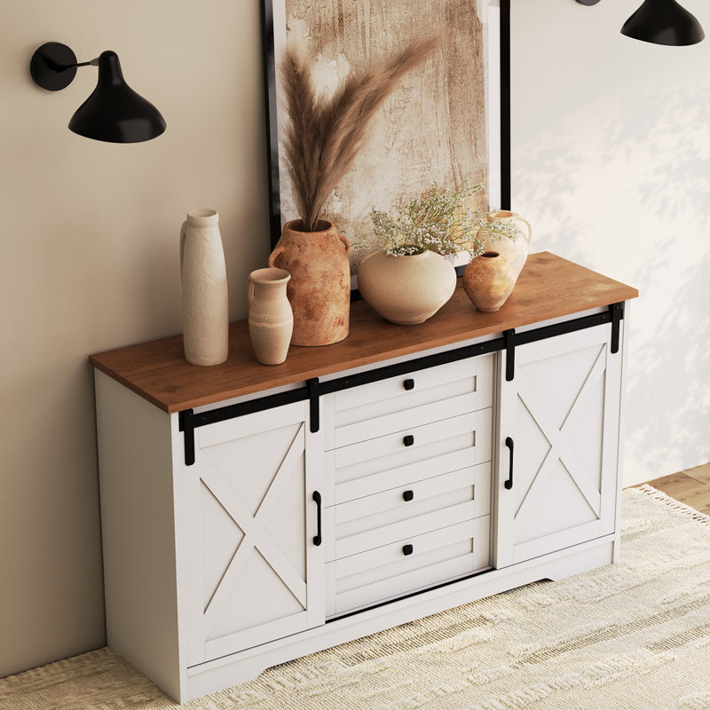 Ertekin 55.11‘’ Wide Rustic Sideboard with 2 Sliding Barn Doors and 4 Drawers, Tv Stand Cabinet, White/Walnut
