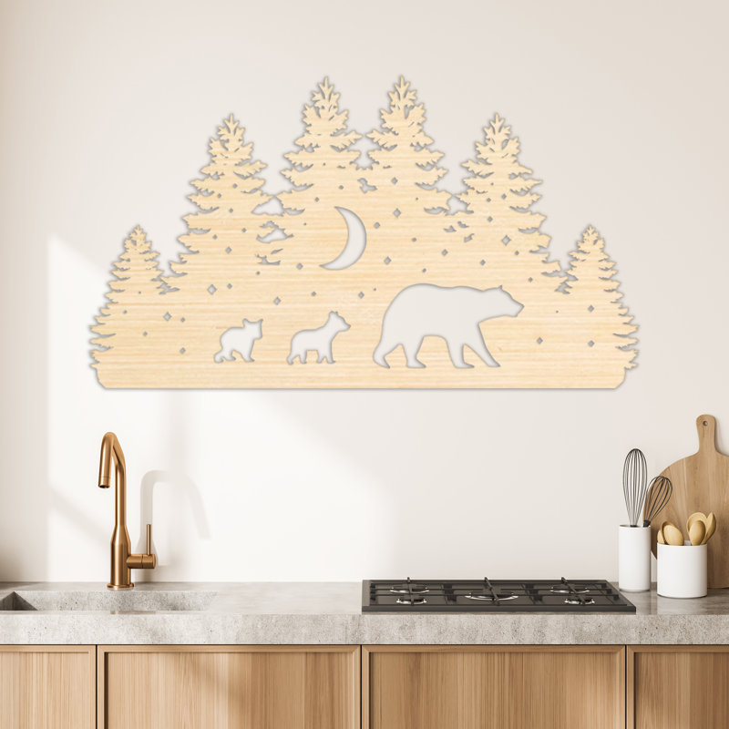 Art mural avec arbres, ours, oursons et étoiles - ACM, H 18 po x l 32 po x P 0,25 po, Argent