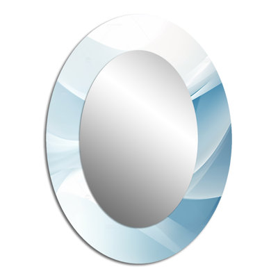 Blue And White Abstract Fractal Fusion IV - Modern Oval Wall Mirror