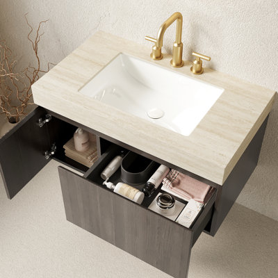 Meuble-lavabo flottant 36 po, rangement en contreplaqué, comptoir en pierre frittée, lavabo en céramique, 3 trous de robinet, pré-assemblé, couleur, avec armoire, plateau, percé, supports d'angle
