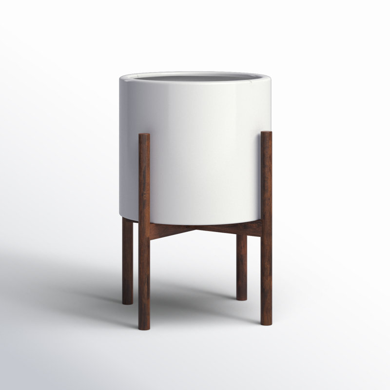 Handmade Pot Planter, White/Dark Walnut, 23" H X 15.5" W X 15.5" D