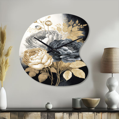 White, Gold And Black Rose Bouquet II - Unique Shape Rose Metal Wall Clock, Black Wall Clock Print