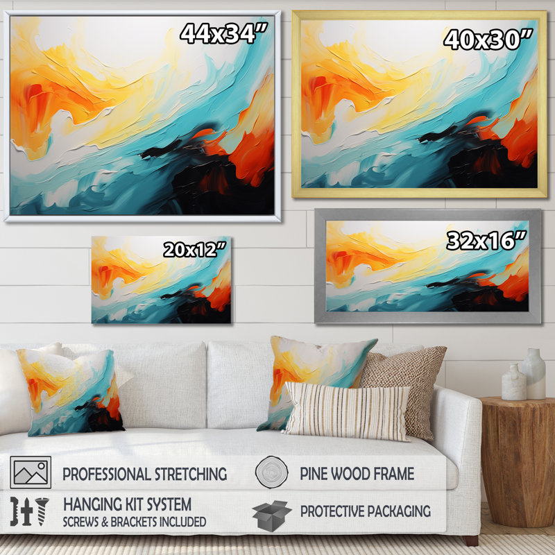 «Colorful Abstract Expression V» - Art mural abstrait, Cadre flottant doré, H 16 po x l 32 po x P 1 po