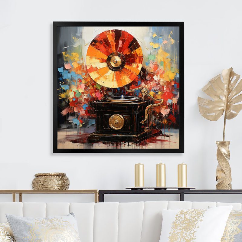 Colourful Phonograph Collage - Music Wall Decor, H 24 po x l 24 po x P 1 po, Cadre simple noir