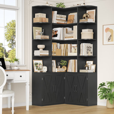 73.7" H Corner Bookcase with 6 Tiers & 4 Door Storage