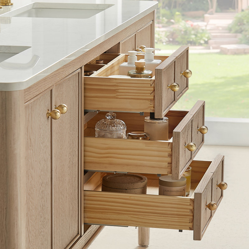 Blaise 54" Double Freestanding/Floating Bathroom Vanity in Light Oak with Grain White Engineered Stone Countertop