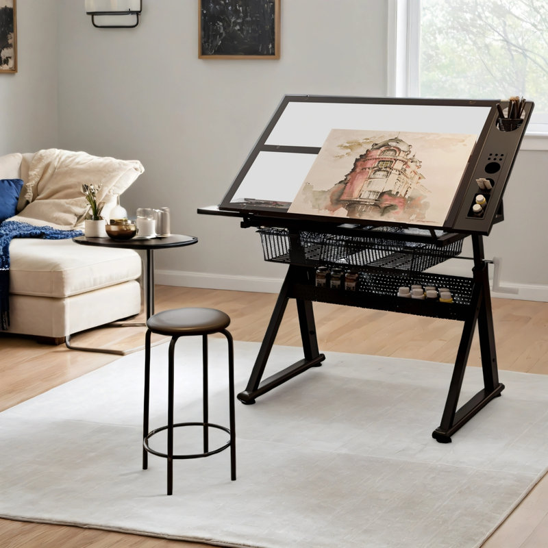 Adjustable Drafting Table – Black, Glass & Metal, Crank Height & Tilt, Storage Drawers