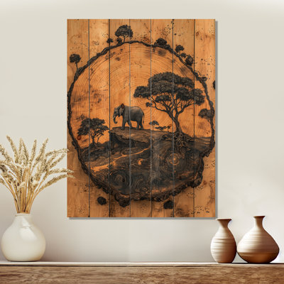 Elephant Under The Baobab Tree Wood Slide II - Elephant Animal Wood Wall Decor On Natural Pine Wood