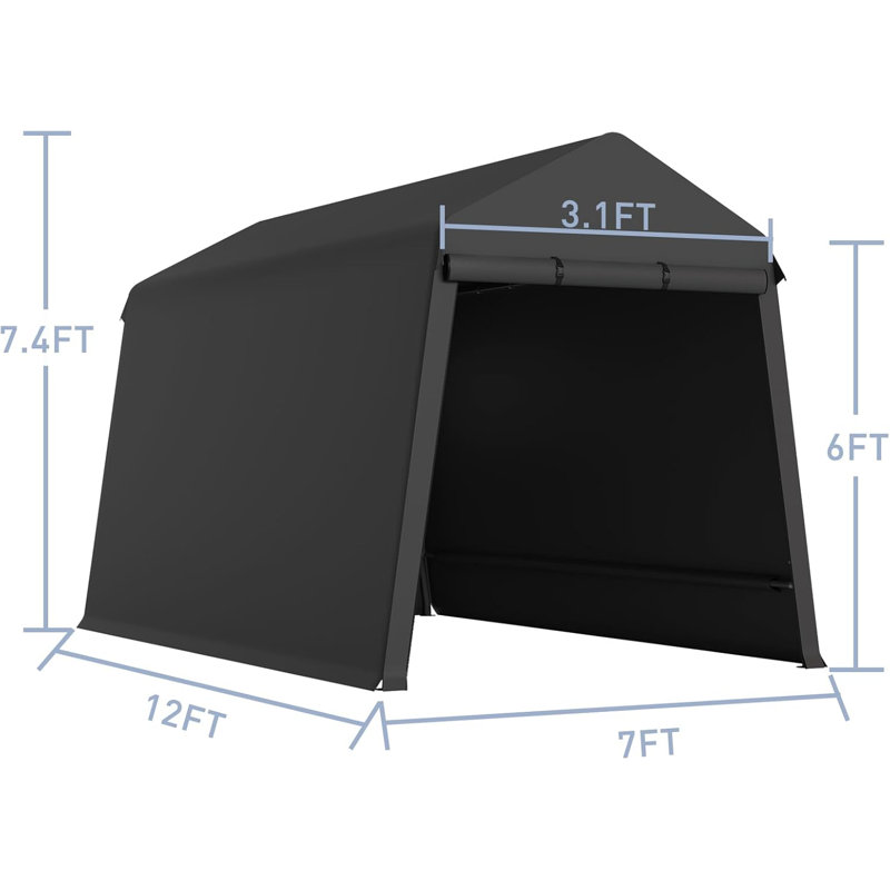 Portable Outdoor Storage Shed, Heavy-Duty Steel Frame with Roll-Up Doors and Ventilation, 7 x 12 ft, Garage and Garden Storage for Motorcycles, ATV, and Tools, Black