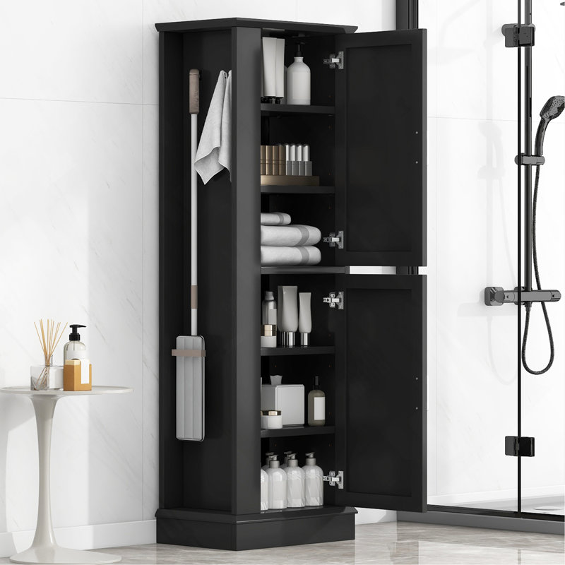 Tall Bathroom Storage Cabinet, Freestanding with Adjustable Shelf & Hook, Soft-Close Doors, MDF Board, Black