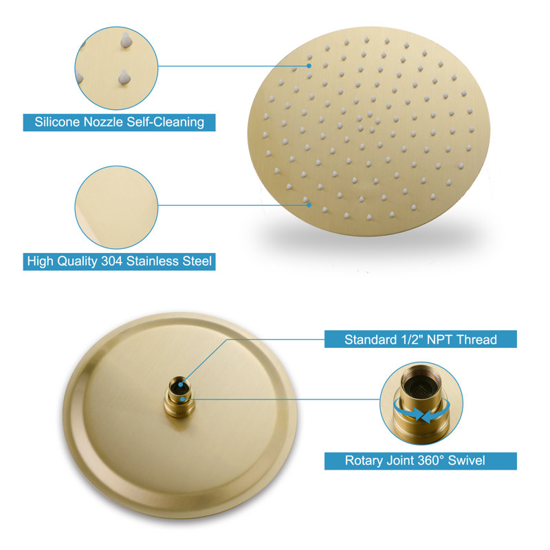 304 Stainless Steel High Pressure 10-Inch Single Function Round Rain Shower Head, Brushed Gold