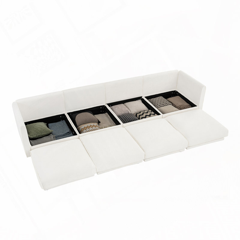 Canapé modulaire rembourré avec sièges de rangement, Blanc, H 27,9 po x l 142,5 po x P 37,4 po