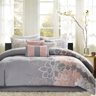 Édredon très grand avec imprimé gris / pêche - jupe de lit et literie à éléments décoratifs pour le coton et les coussins texturés