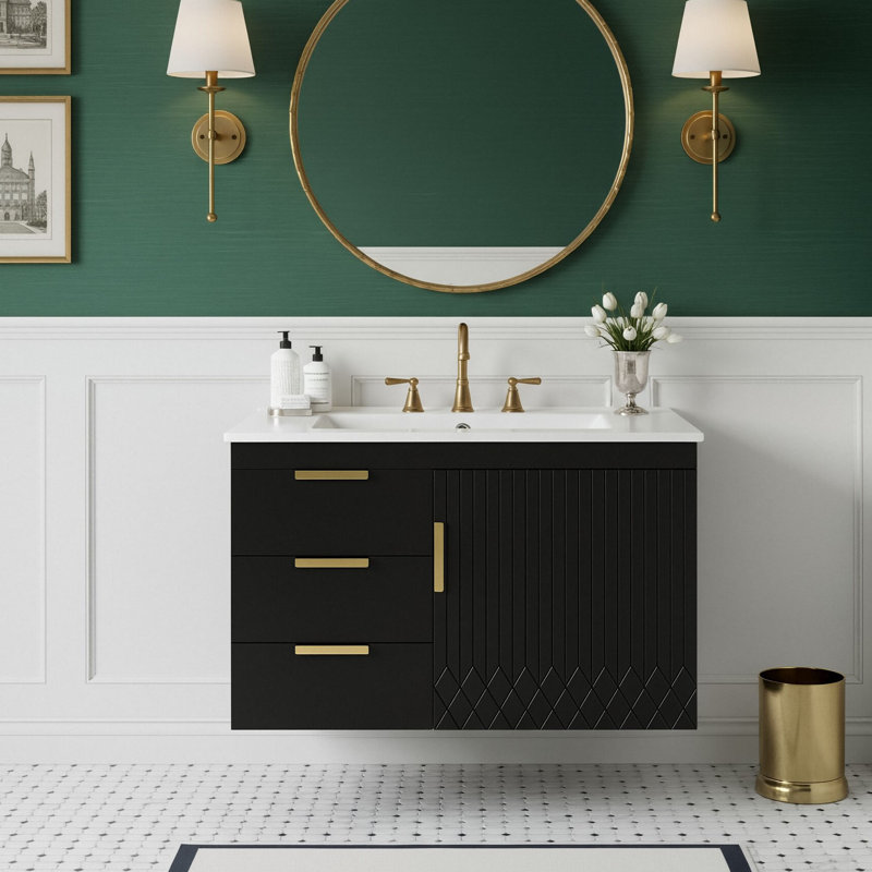 Meuble-lavabo mural de 30 po avec lavabo en céramique, armoire en panneau de fibres à densité moyenne avec porte à fermeture en douceur et 3 tiroirs