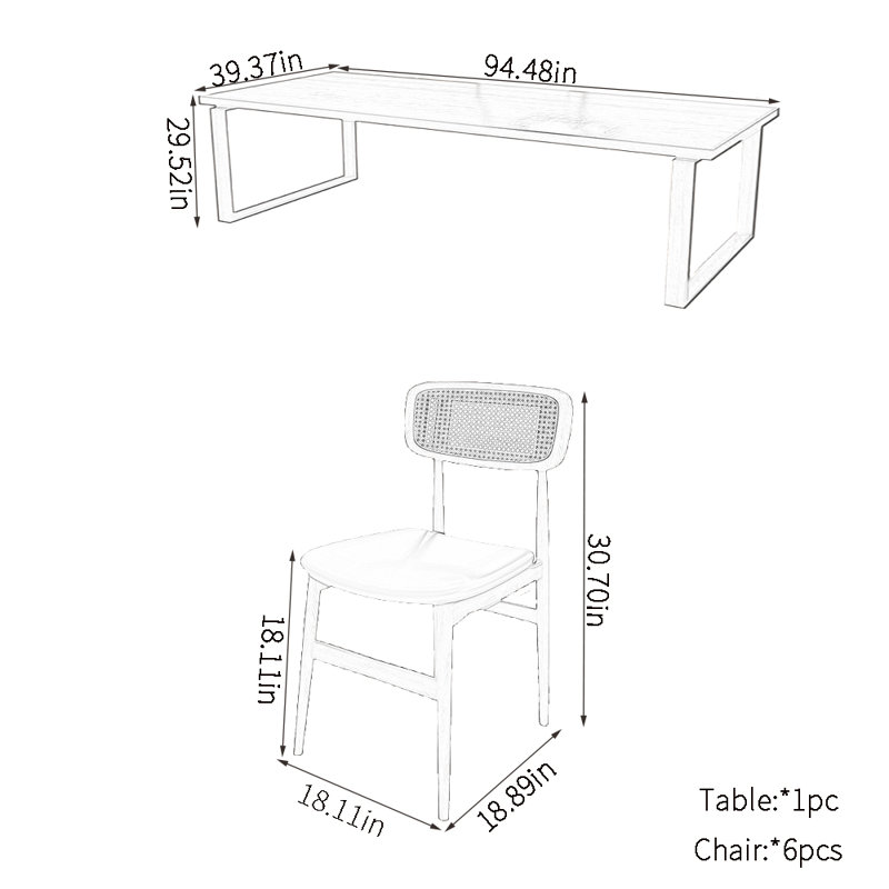 Ensembles de table de salle à manger en bois de frêne, H 29,52 po x L 94,48 po x l 39,37 po