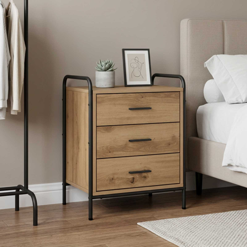 48 cm W Galvanised Steel Bedside Table, Artisan Oak