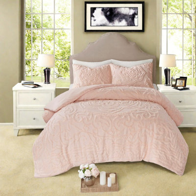Ensemble de literie en coton doux rosé, médaillon en chenille très grand / très grand californien, confort toutes saisons