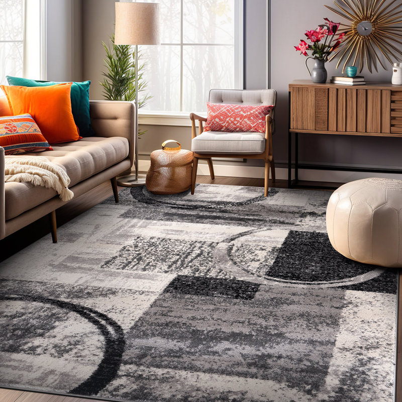 Tapis moderne performance gris, ivoire et bleu à motif abstrait Fanton, Crème, Rectangle 8 pi 8 po x 12 pi
