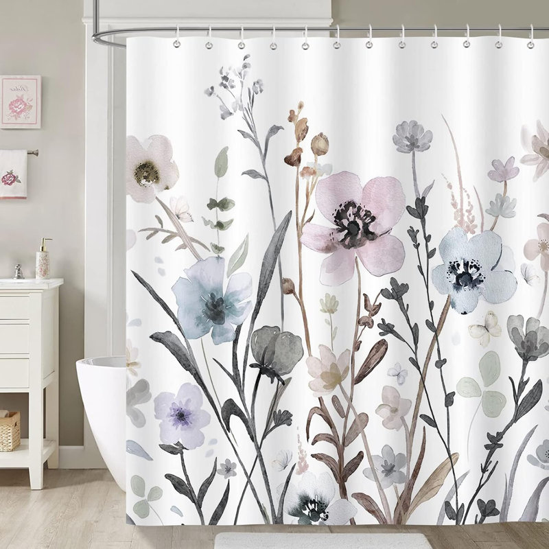 Watercolour Floral Shower Curtain with 12 Hooks