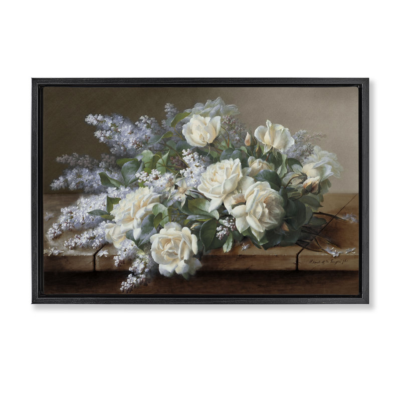  Toile flottante encadrée "Vintage Roses" par Raoul De Longpre, H 21 po x l 31 po, Cadre flottant noir de jais