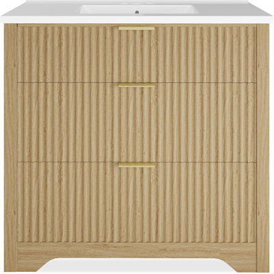36" Fluted Bathroom Vanity with Sink, Farmhouse Freestanding Cabinet with 3 Drawers, Natural