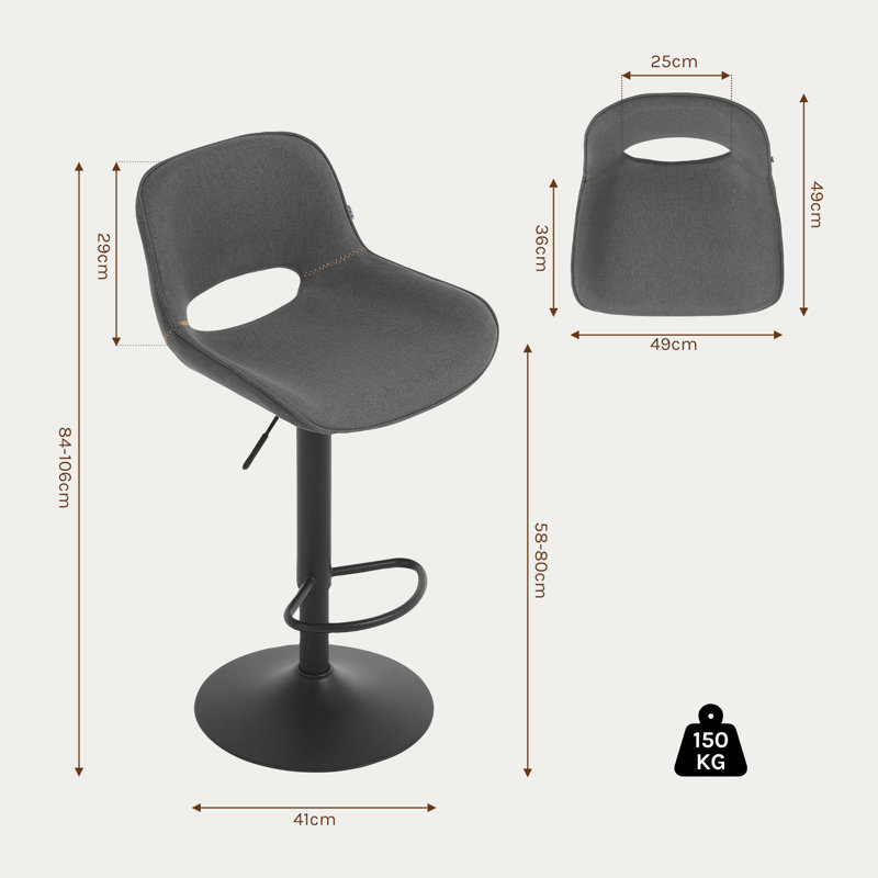Swivel Upholstered Adjustable Height Bar Stool, Grey
