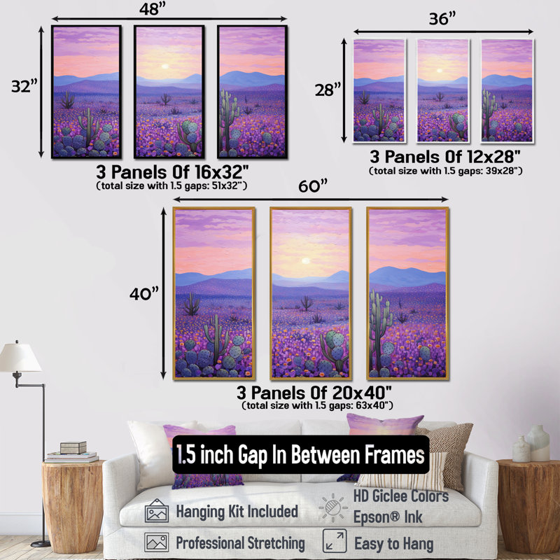 Cactus lavande paysage I - ensemble d'art mural floral cactus, Cadre flottant doré, H 28 po x l 36 po x P 1 po