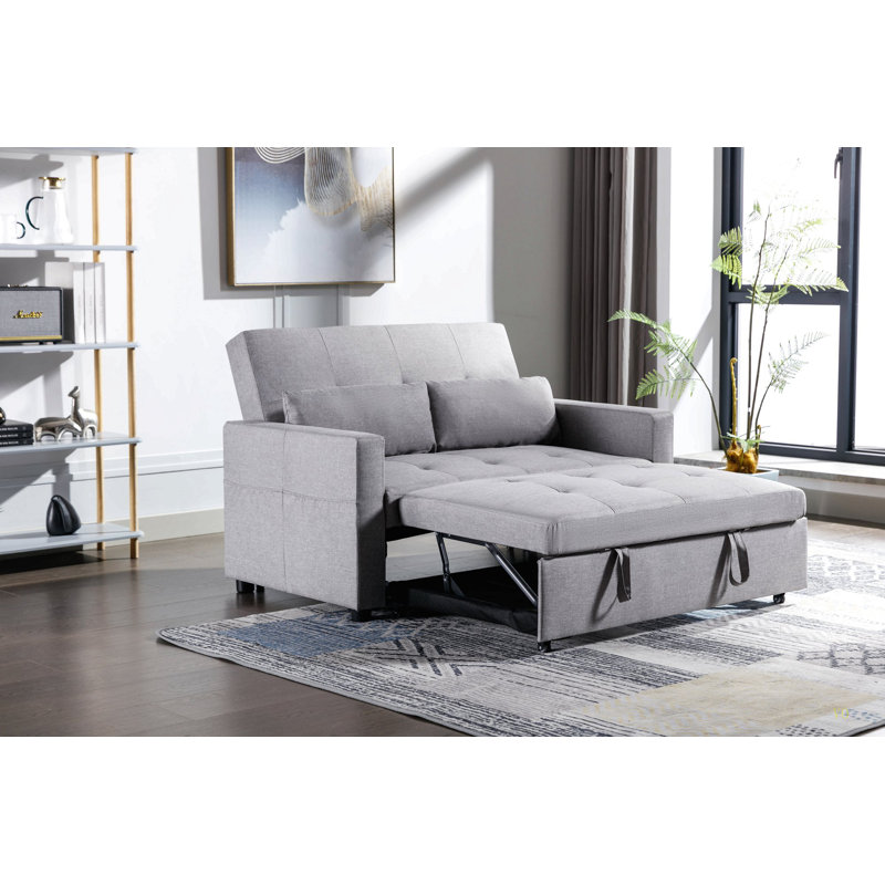 Light Grey Linen Fabric 3-In-1 Convertible Sleeper Loveseat With Side Pocket.