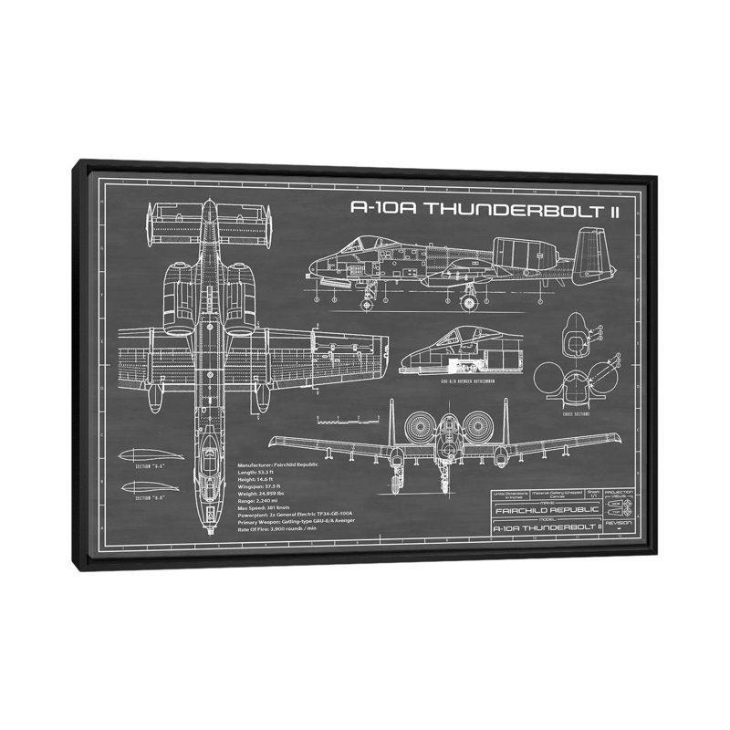 A-10 Thunderbolt II-imprimé de dessin, Pas de tapis, H 18 po x l 26 po x P 1,5 po, Toile avec cadre noir