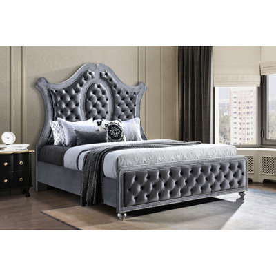 Modern Luxury King Panel Bed With Headboard, Rich Fabric Upholstery, Intricate Nailhead Ornament, Diamond Accents, Mirrored Details, Gray And Silver Tone For Bedroom Interior Size Featuring