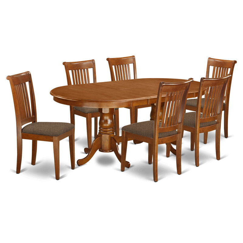 Ensemble de mobilier de salle à manger 7 pièces composé d'une table ovale en bois avec rallonge papillon et 6 chaises de cuisine en lin, brun selle