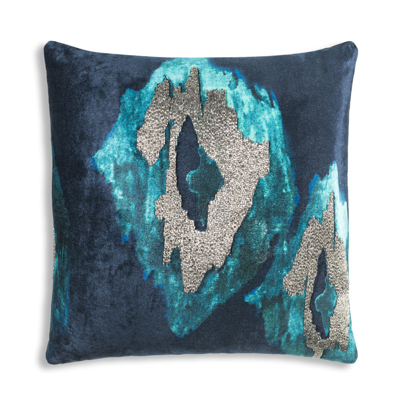 Housse de coussin et insert Jade Ikat, Bleu / bleu marine / chrome, H 22 po x l 22 po, Carré